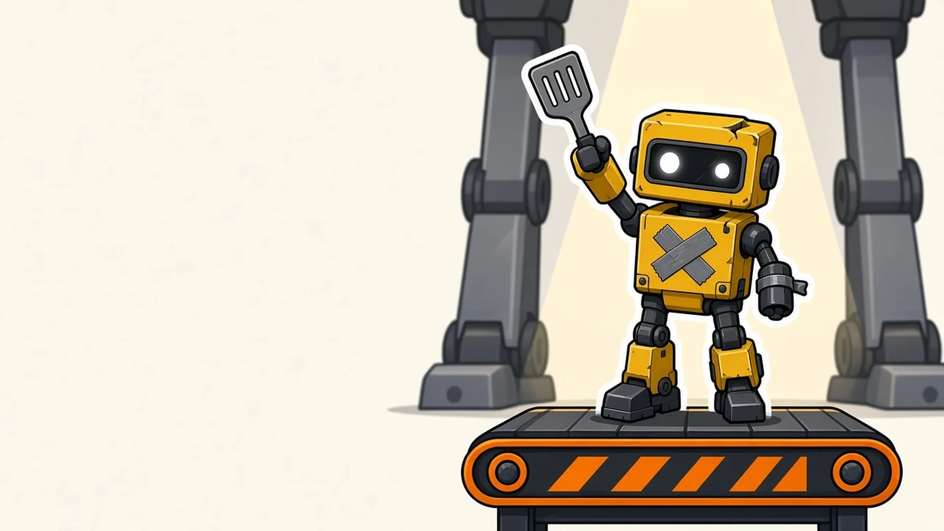 A boxy yellow robot intern with duct tape on his chest, holding up a spatula on a conveyor belt